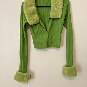 SHEIN Green Ribbed Jacket with Faux Fur Accents